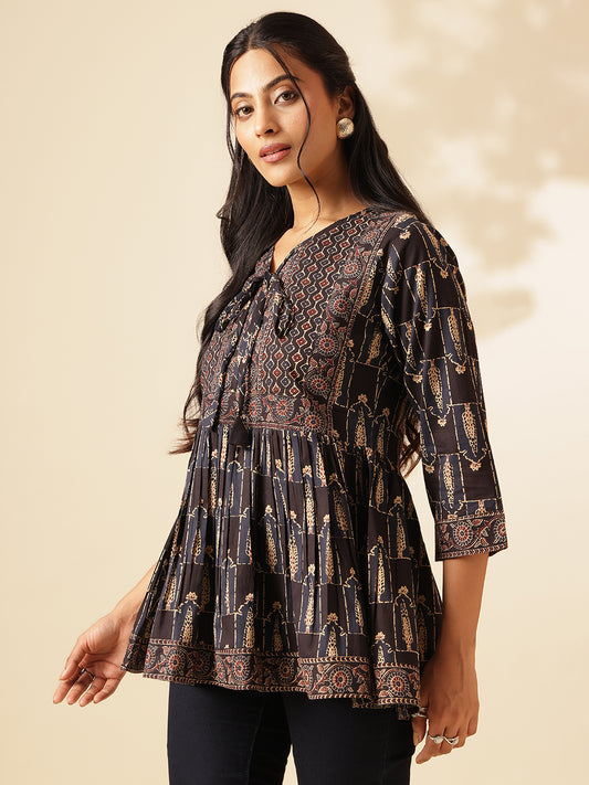 Black Floral Print Flared Cotton Tunic Top