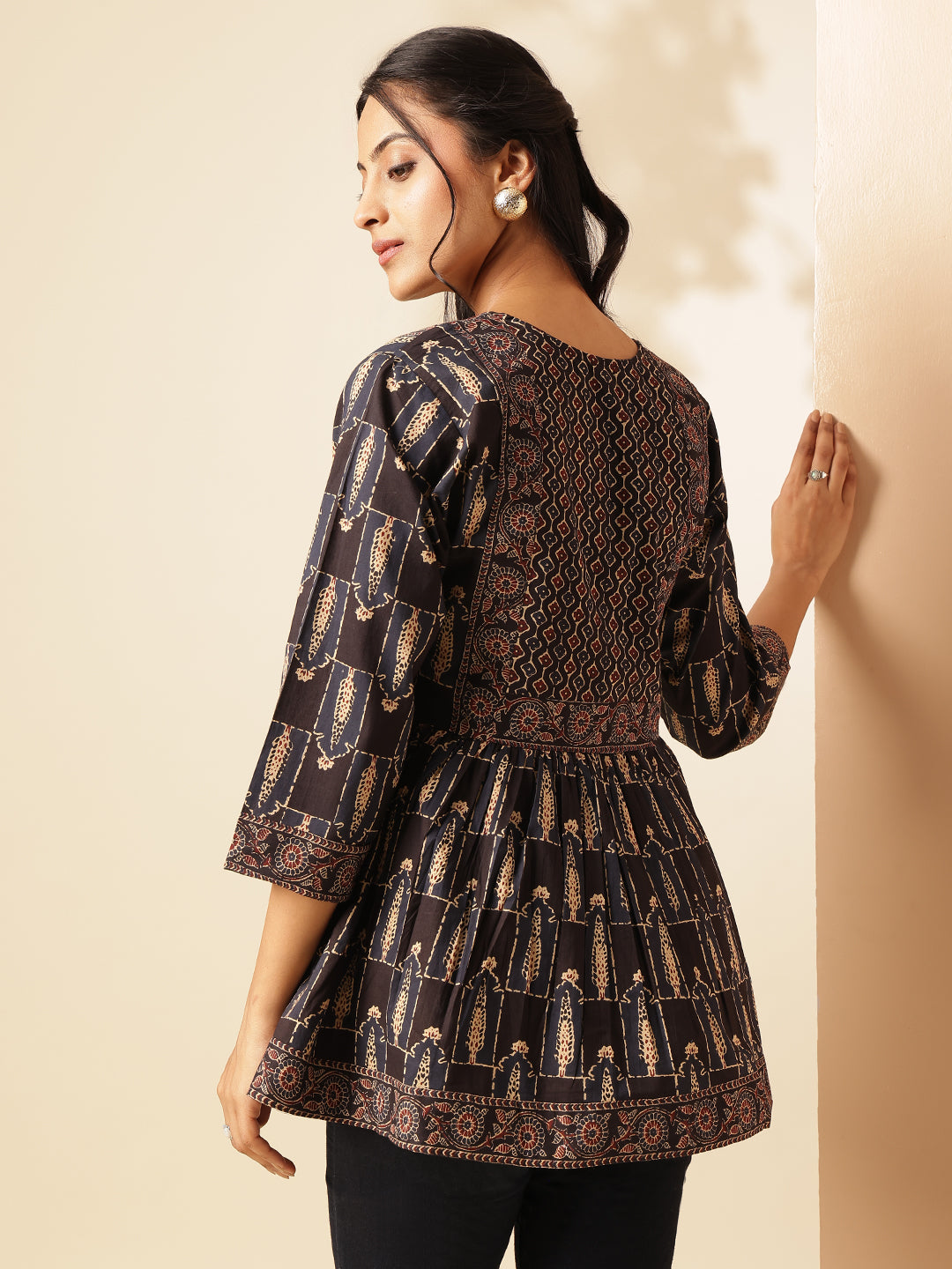 Black Floral Print Flared Cotton Tunic Top