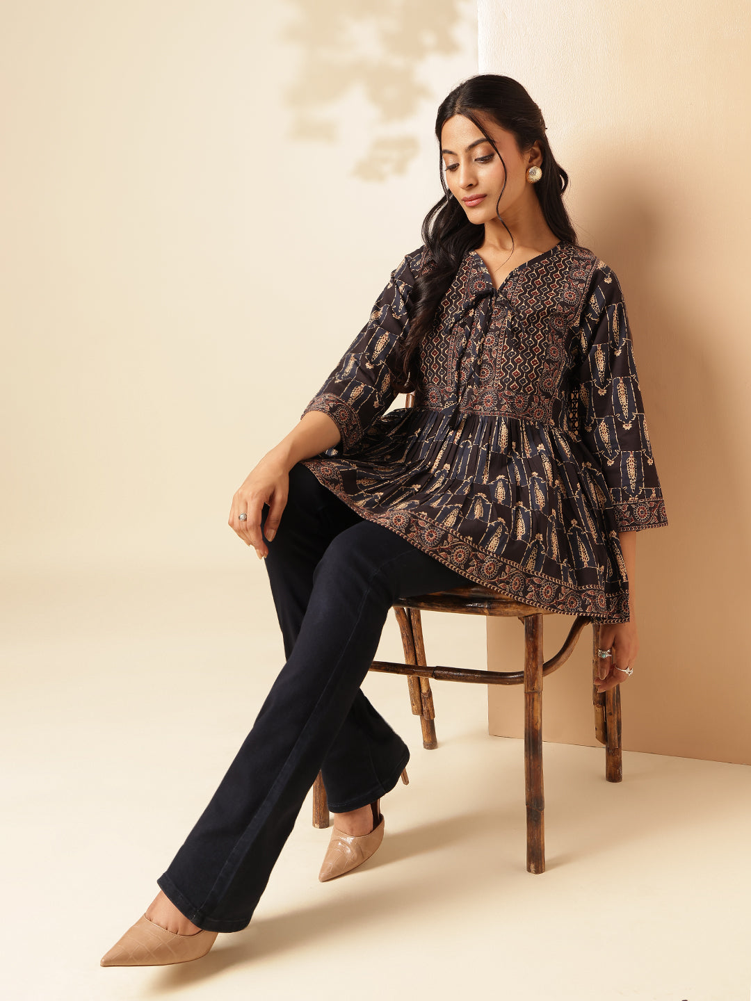 Black Floral Print Flared Cotton Tunic Top