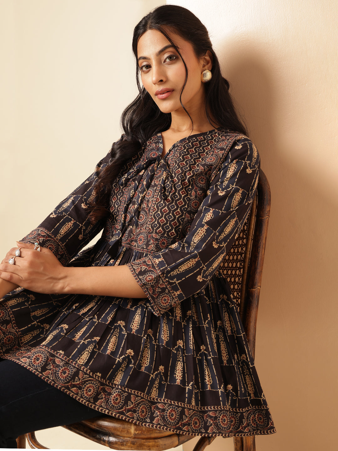 Black Floral Print Flared Cotton Tunic Top