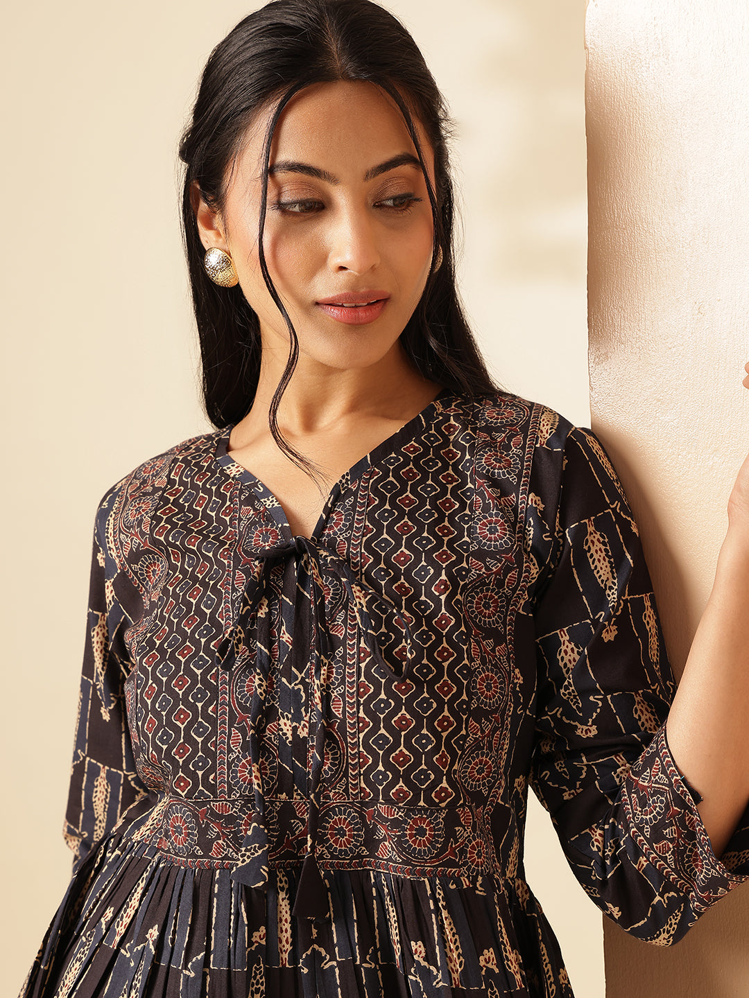 Black Floral Print Flared Cotton Tunic Top
