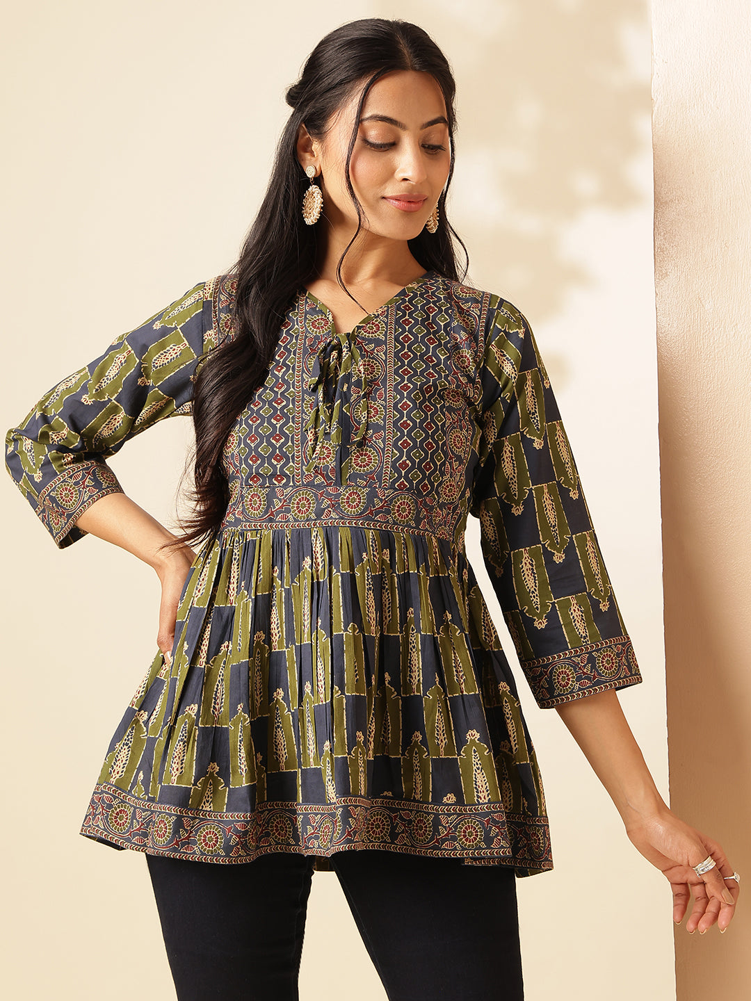 Aqua Blue Floral Print Flared Cotton Tunic Top