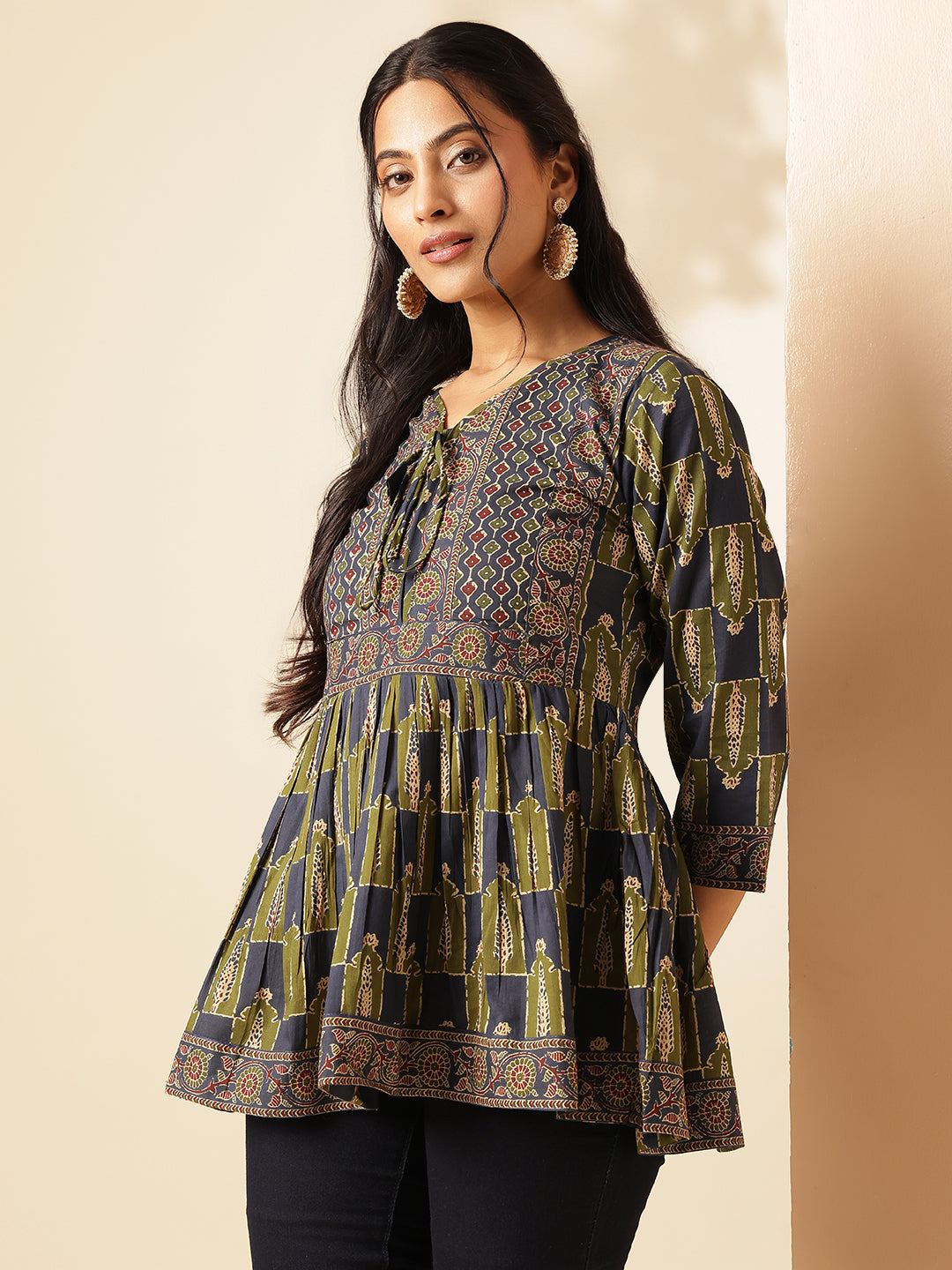 Aqua Blue Floral Print Flared Cotton Tunic Top