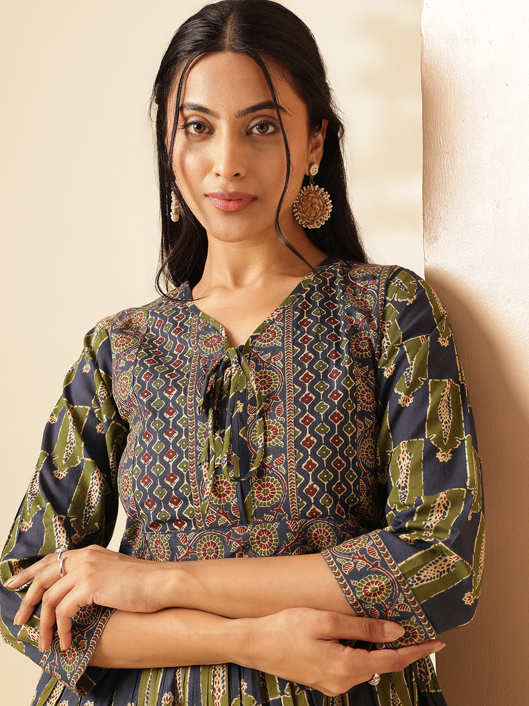 Aqua Blue Floral Print Flared Cotton Tunic Top