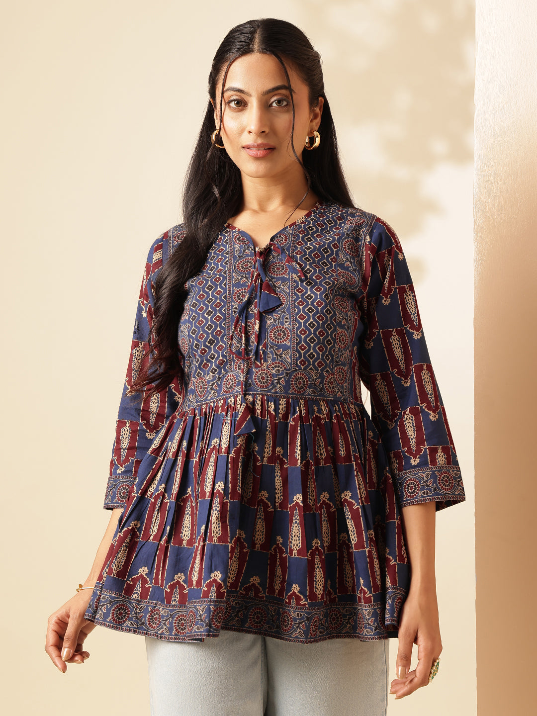 Maroon Floral Print Flared Cotton Tunic Top