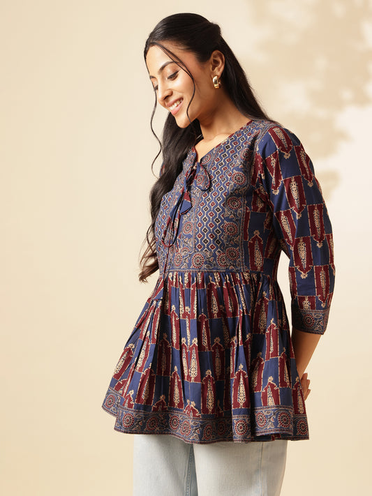 Maroon Floral Print Flared Cotton Tunic Top