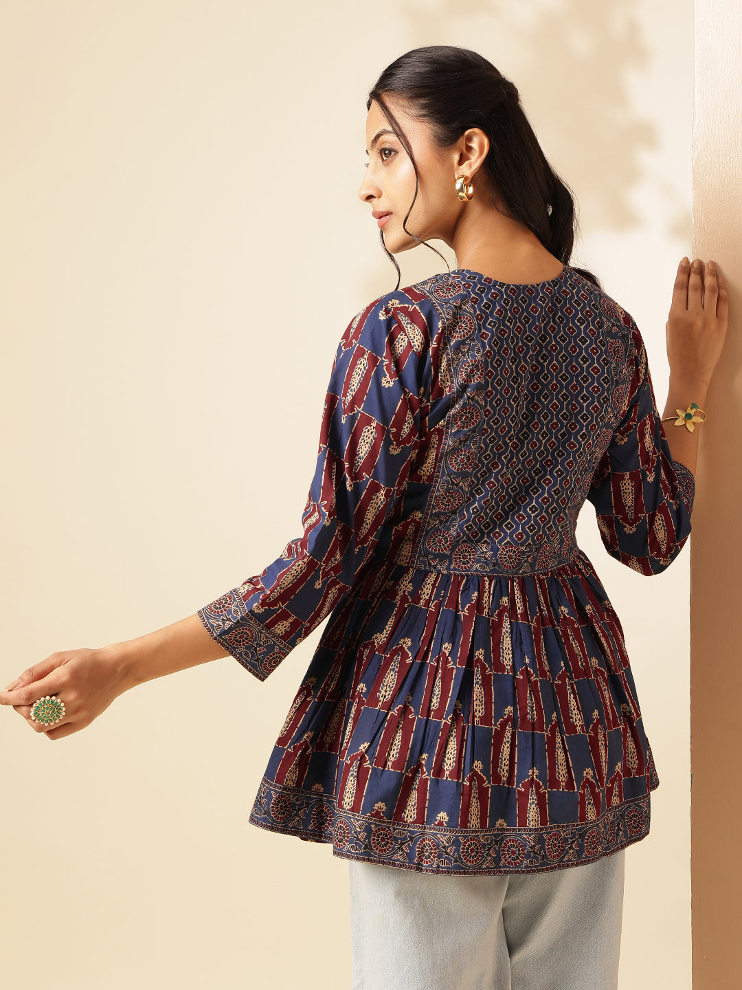 Maroon Floral Print Flared Cotton Tunic Top