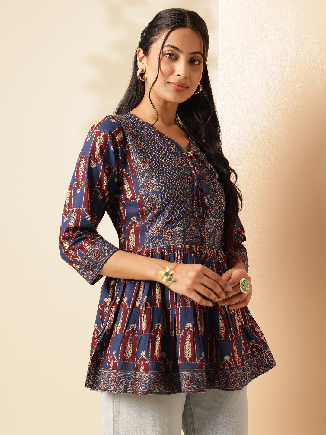 Maroon Floral Print Flared Cotton Tunic Top