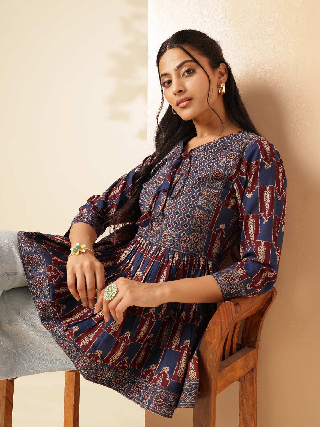 Maroon Floral Print Flared Cotton Tunic Top