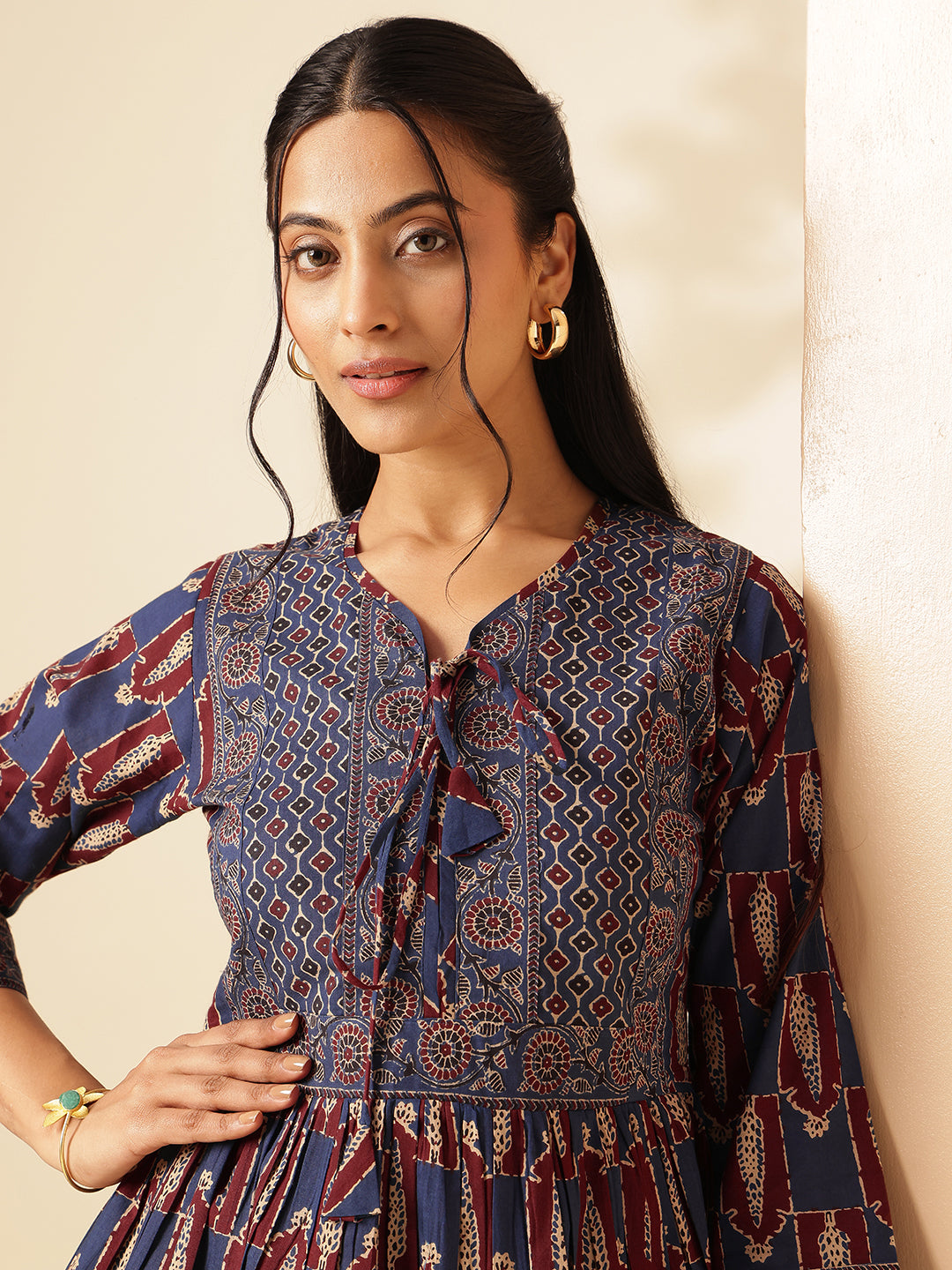 Maroon Floral Print Flared Cotton Tunic Top