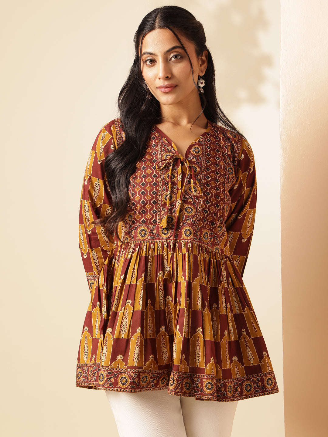 Mustard Floral Print Flared Cotton Tunic Top