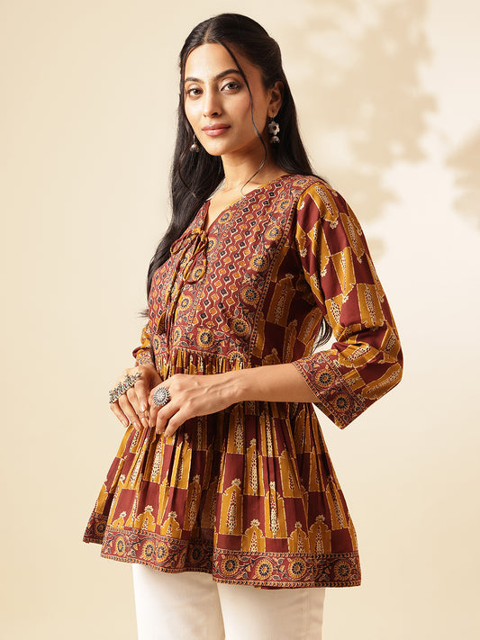 Mustard Floral Print Flared Cotton Tunic Top