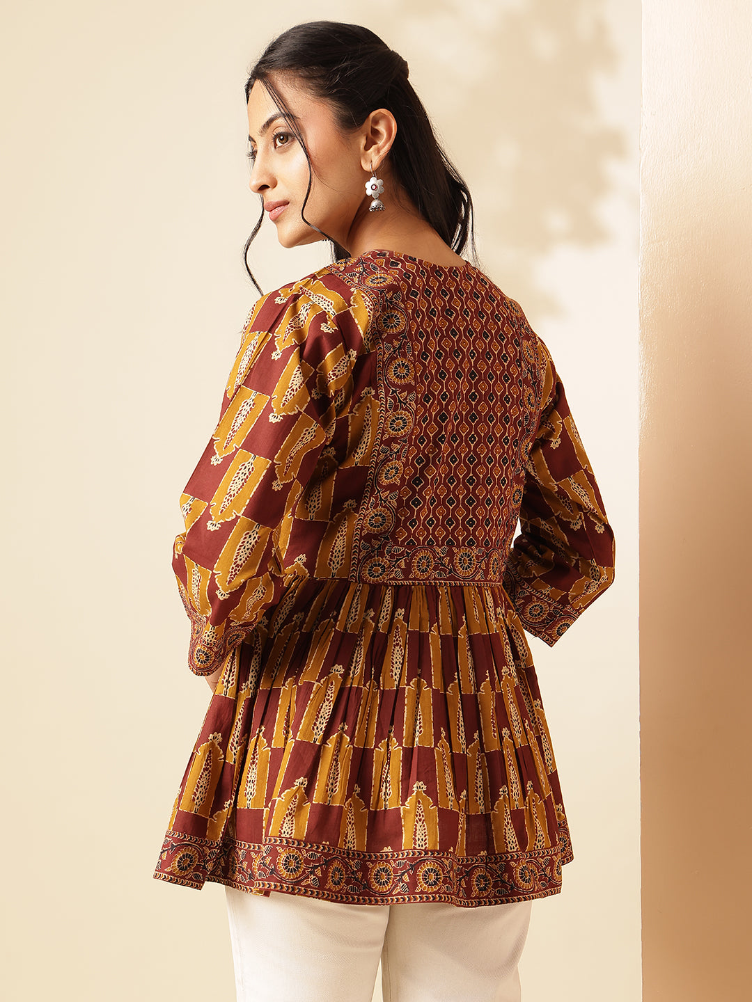 Mustard Floral Print Flared Cotton Tunic Top