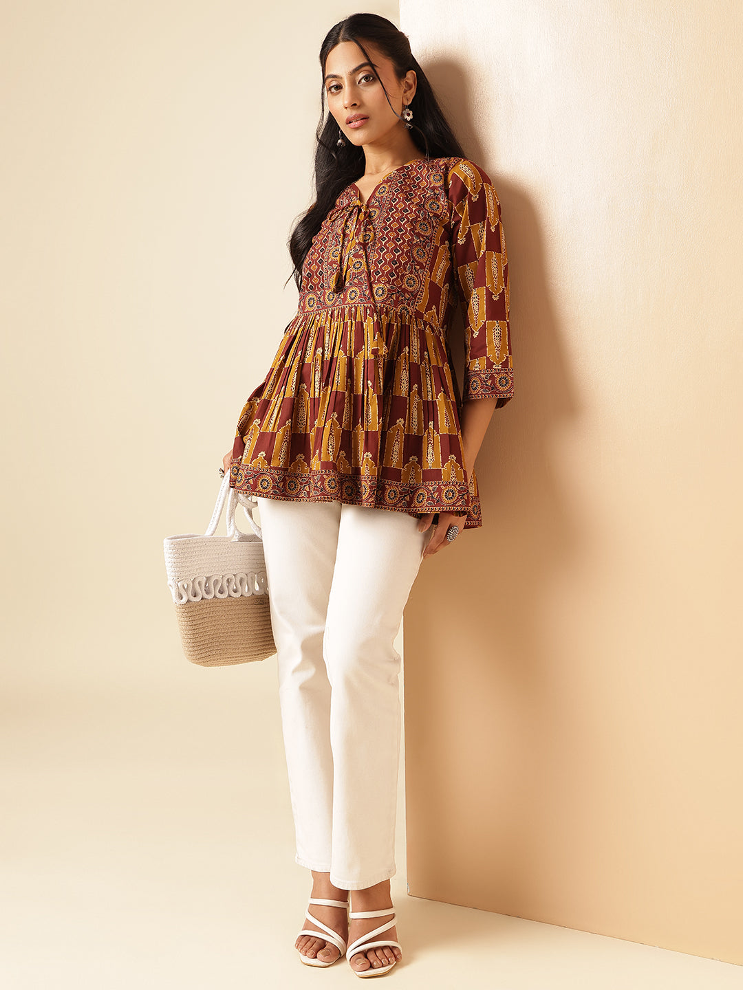 Mustard Floral Print Flared Cotton Tunic Top