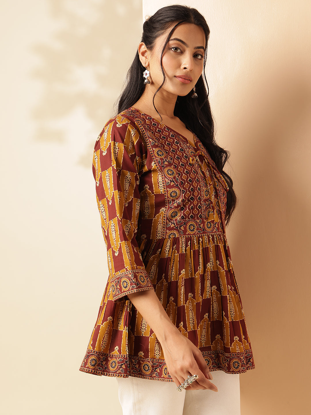Mustard Floral Print Flared Cotton Tunic Top