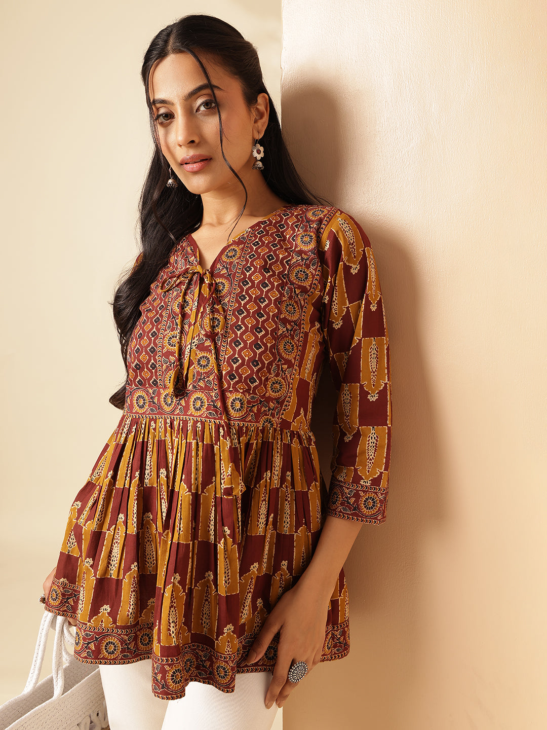 Mustard Floral Print Flared Cotton Tunic Top