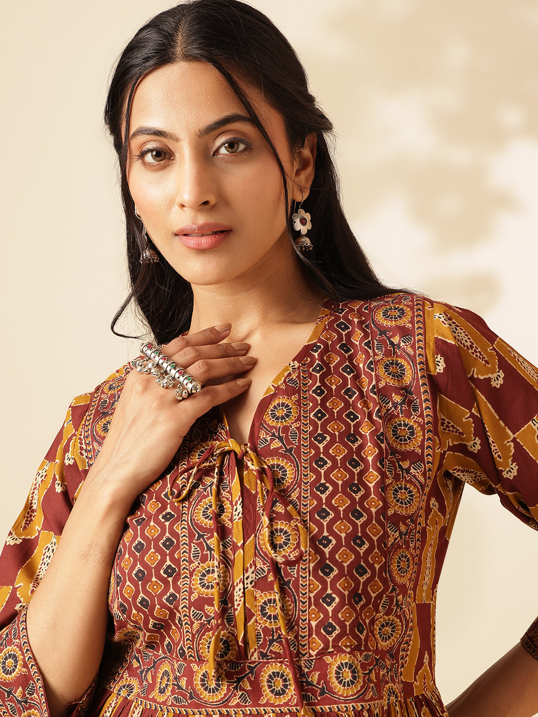 Mustard Floral Print Flared Cotton Tunic Top