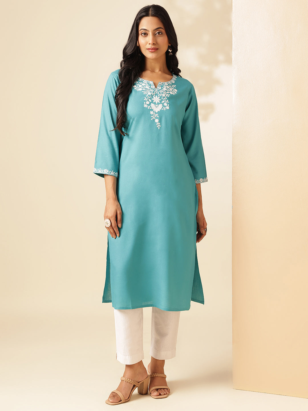 Turquoise Solid Straight Rayon Kurta