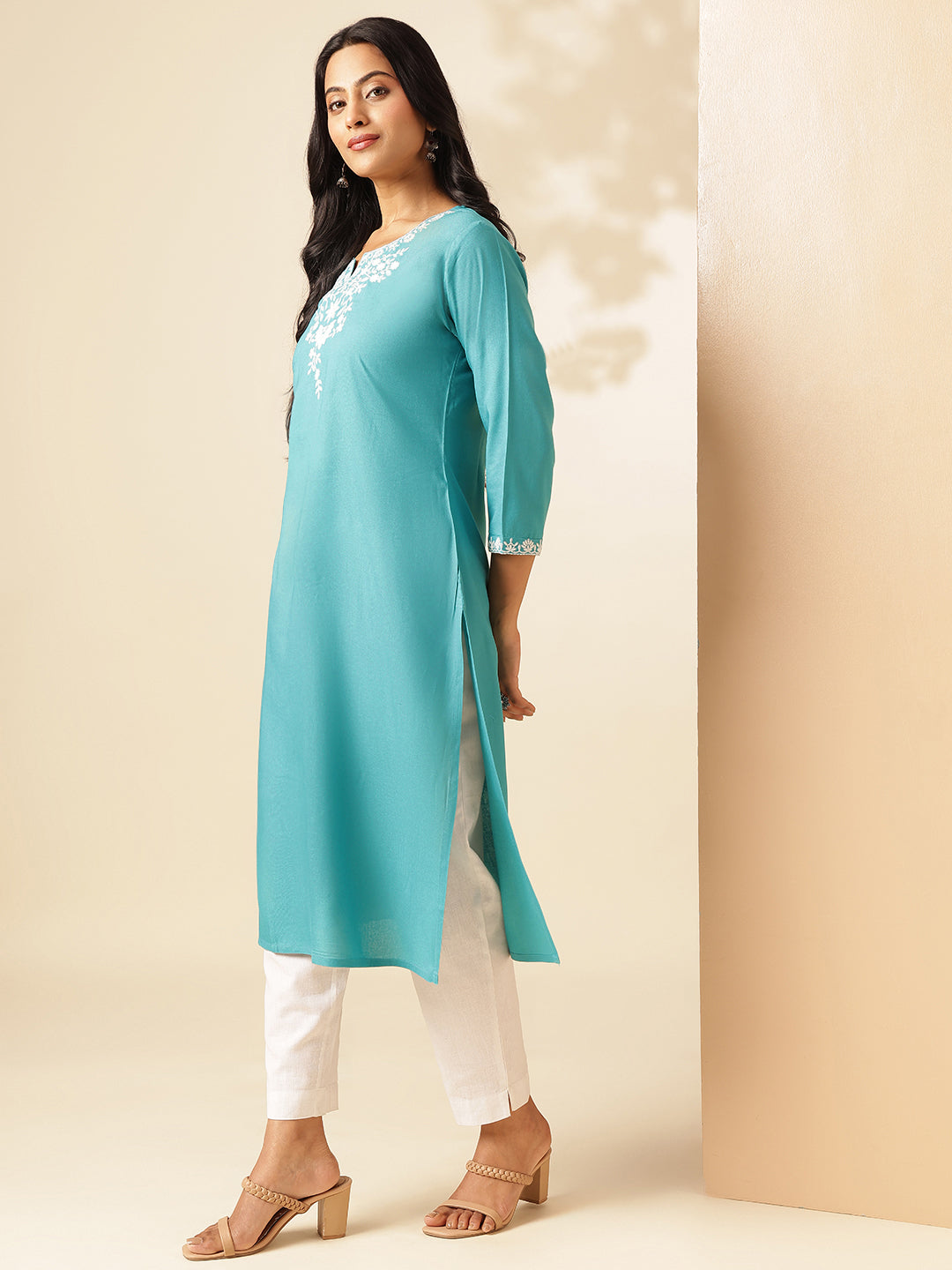 Turquoise Solid Straight Rayon Kurta