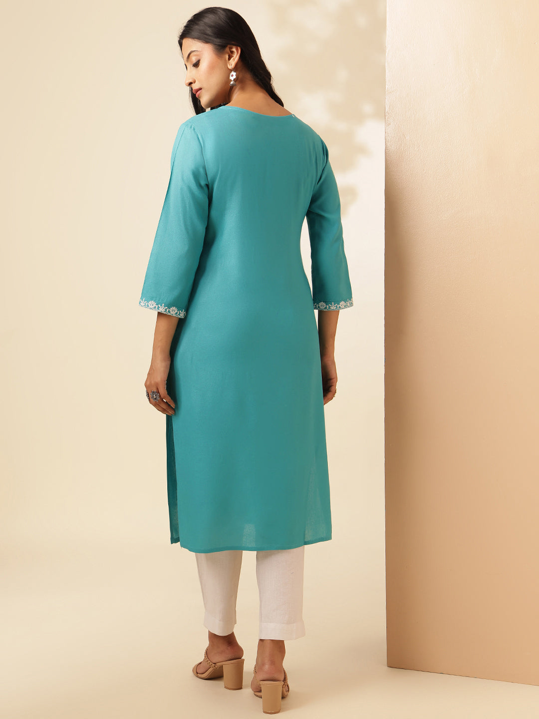 Turquoise Solid Straight Rayon Kurta