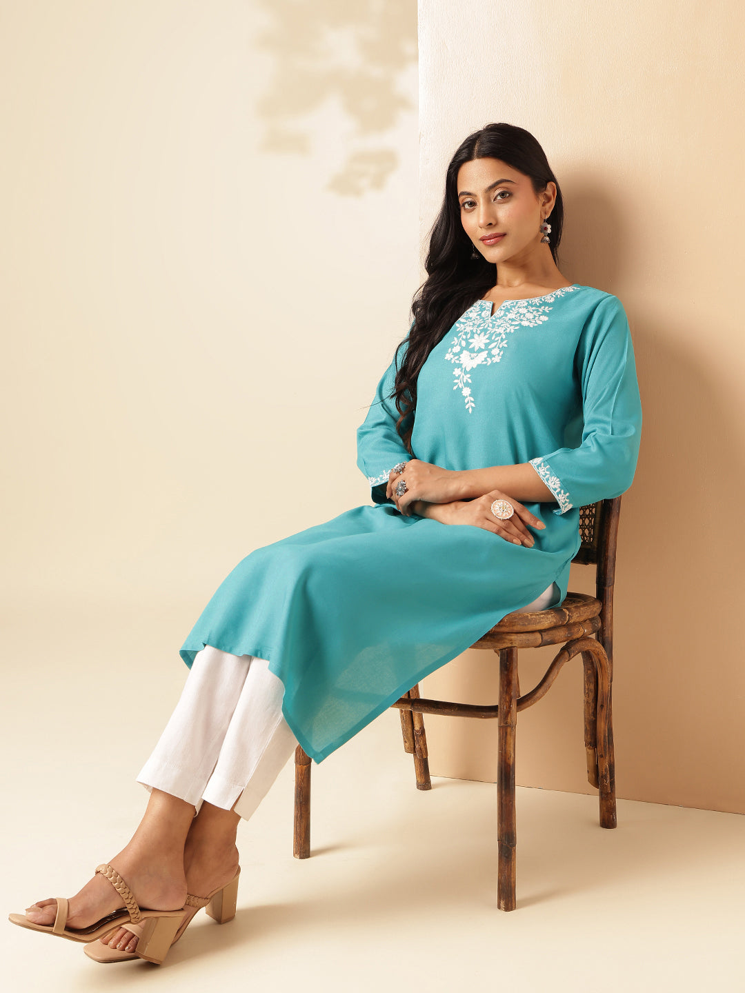 Turquoise Solid Straight Rayon Kurta