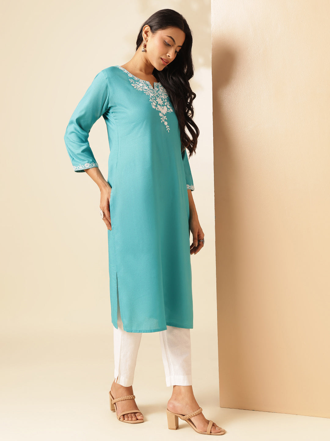 Turquoise Solid Straight Rayon Kurta