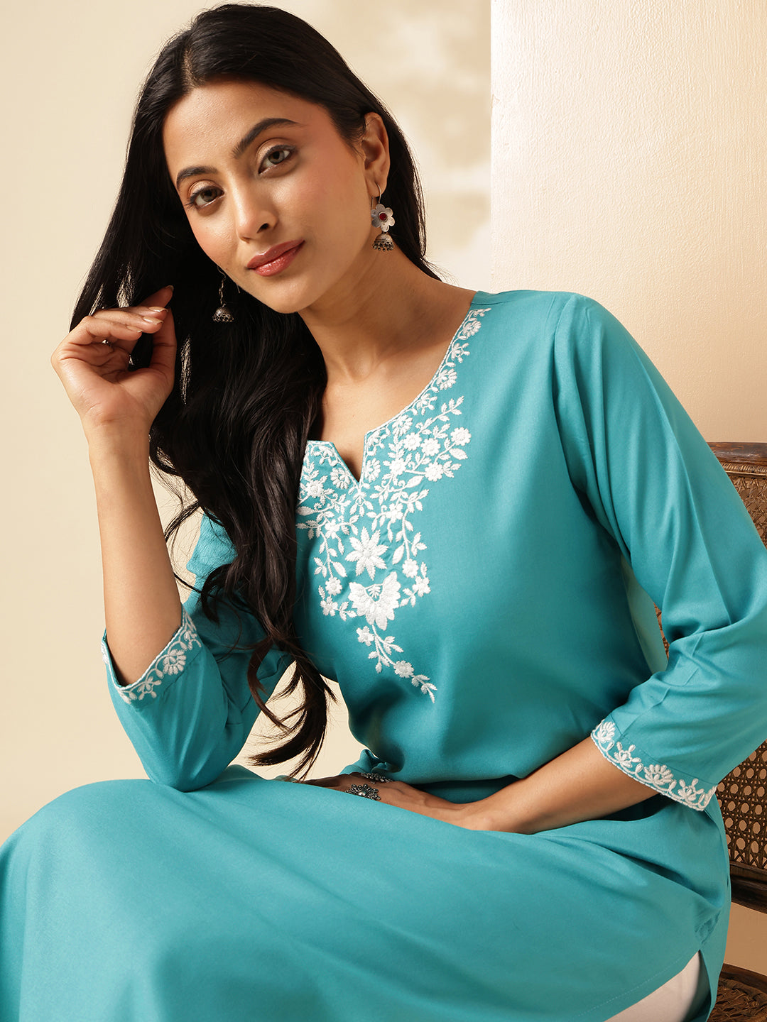 Turquoise Solid Straight Rayon Kurta