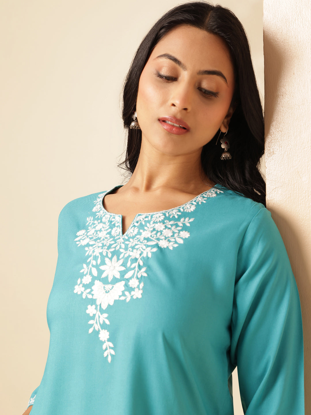 Turquoise Solid Straight Rayon Kurta