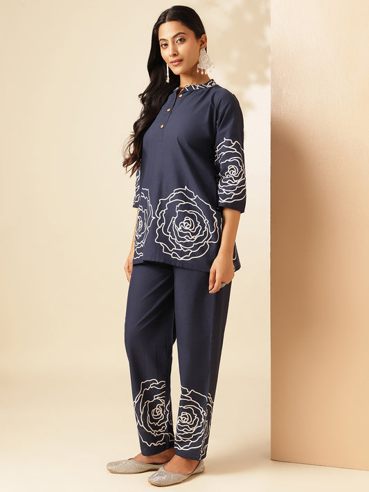 Navy Blue Cotton Floral Print Straight Co-Ord Set