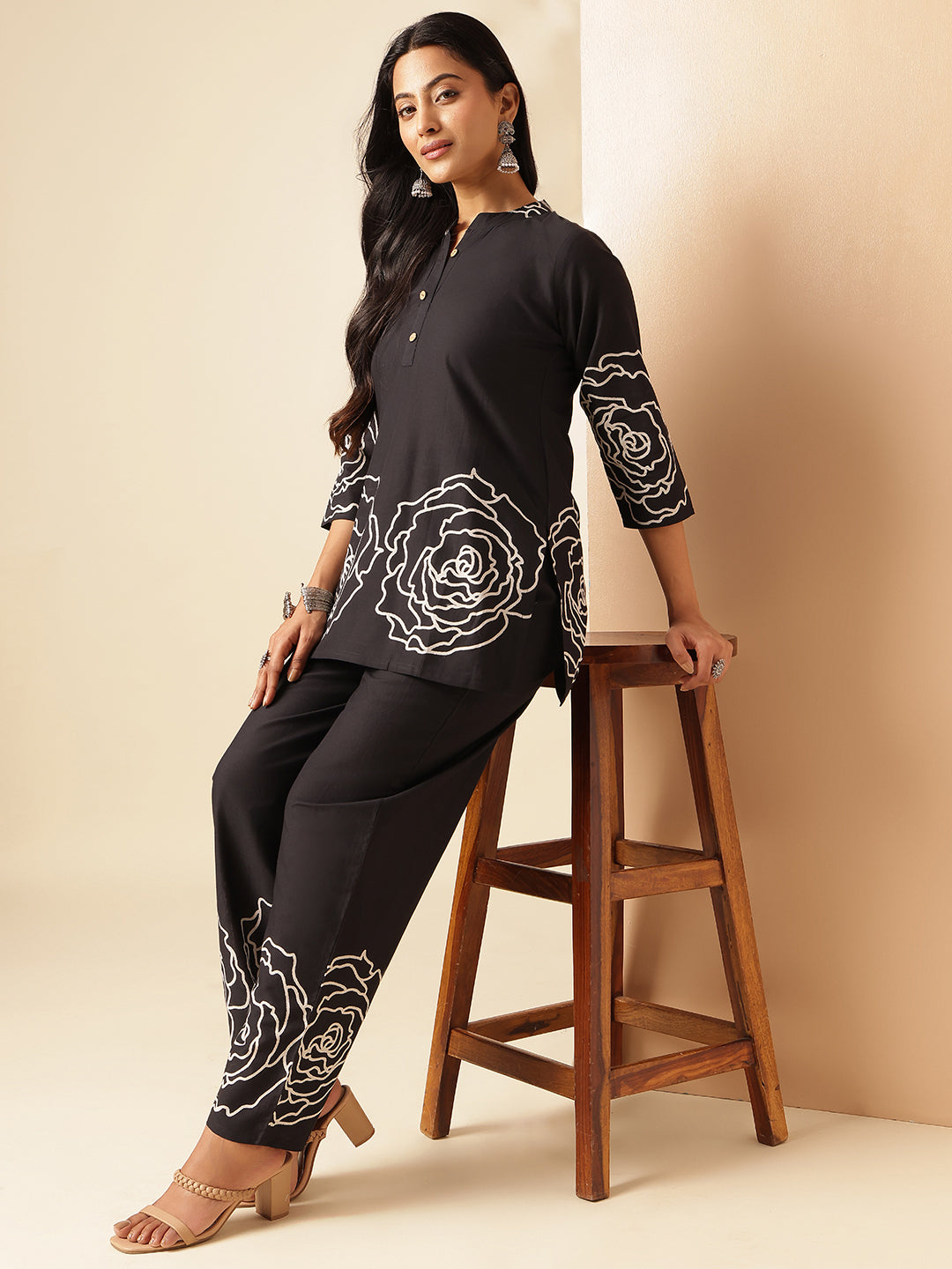 Black Cotton Floral Print Straight Co-Ord Set