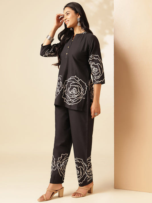 Black Cotton Floral Print Straight Co-Ord Set