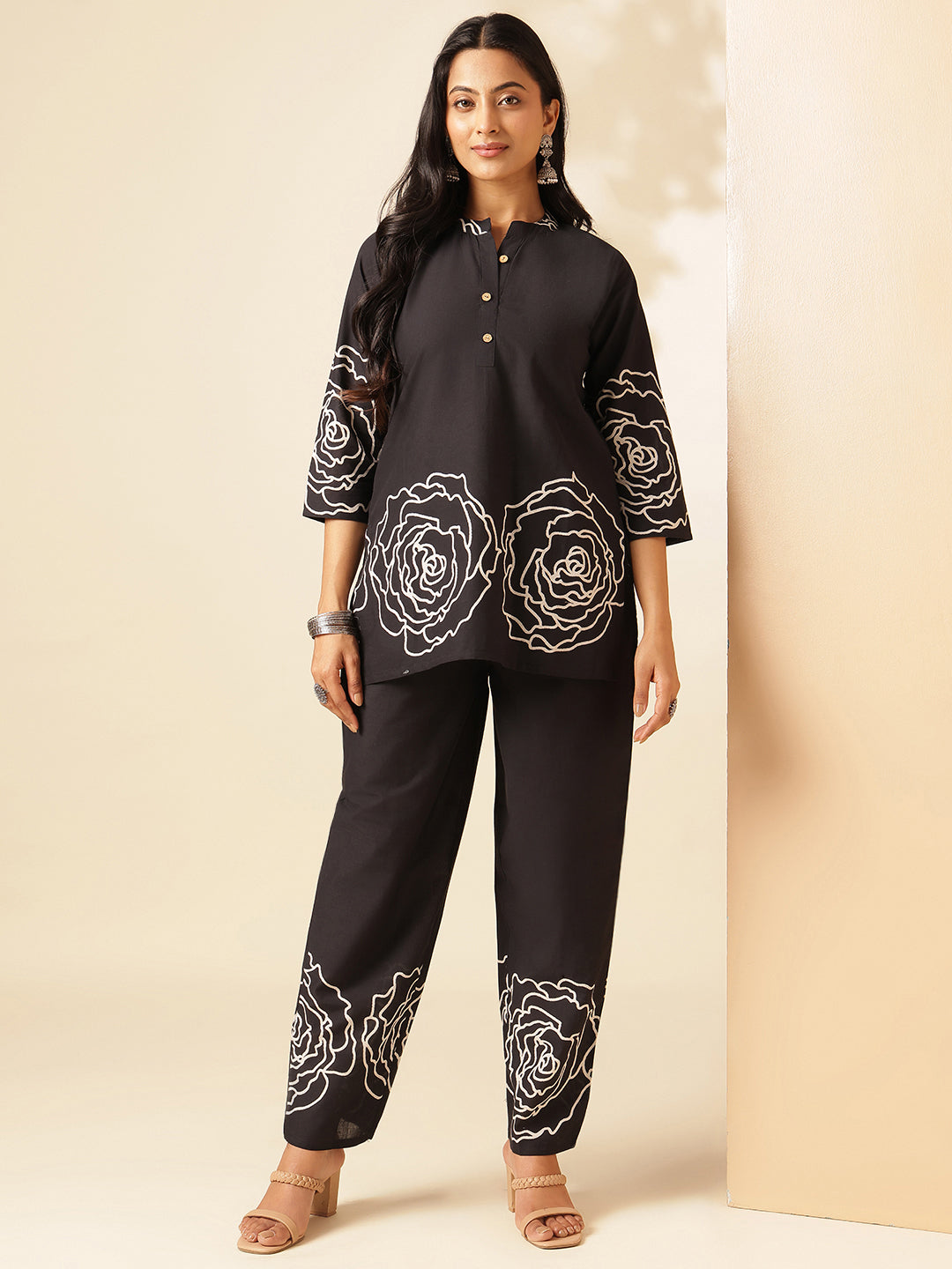 Black Cotton Floral Print Straight Co-Ord Set