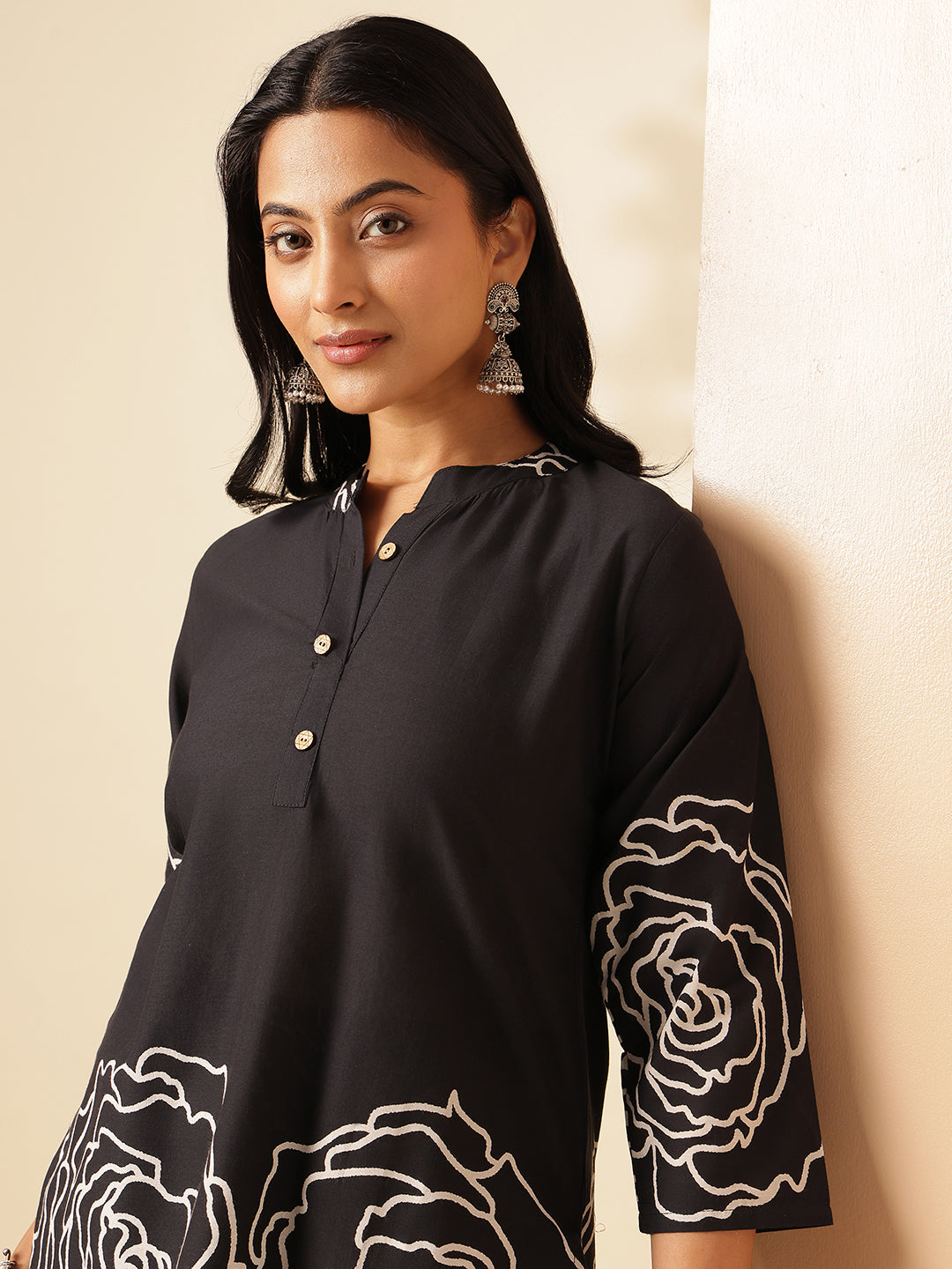 Black Cotton Floral Print Straight Co-Ord Set
