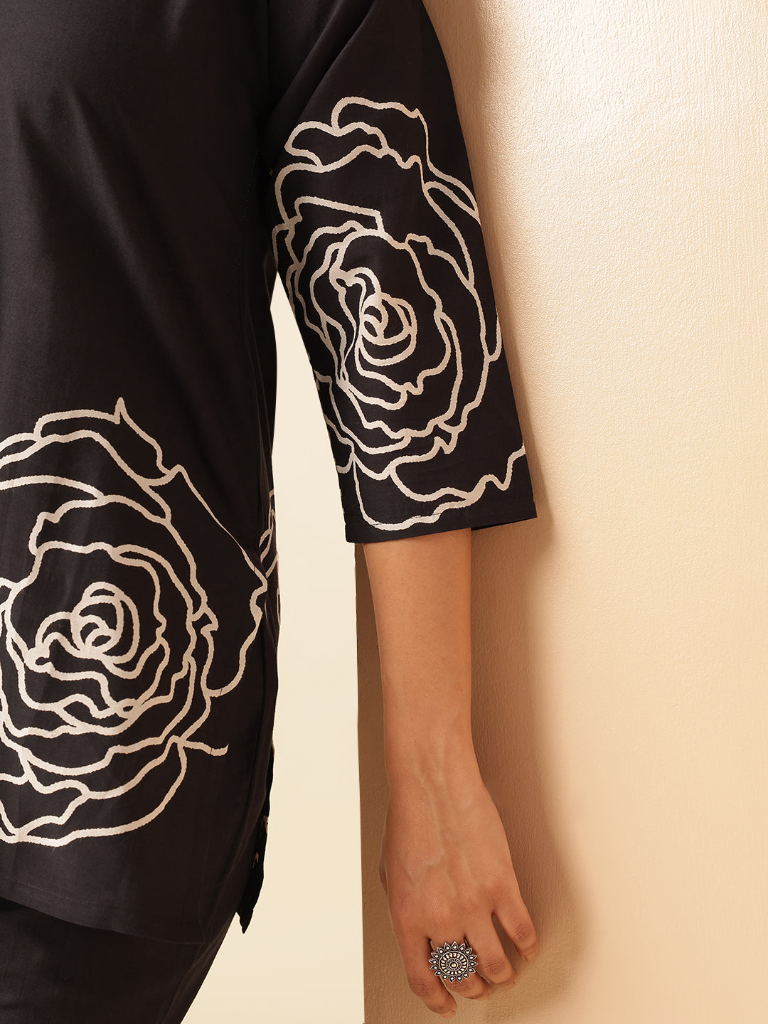 Black Cotton Floral Print Straight Co-Ord Set