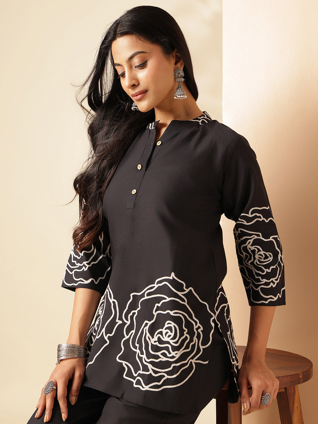Black Cotton Floral Print Straight Co-Ord Set