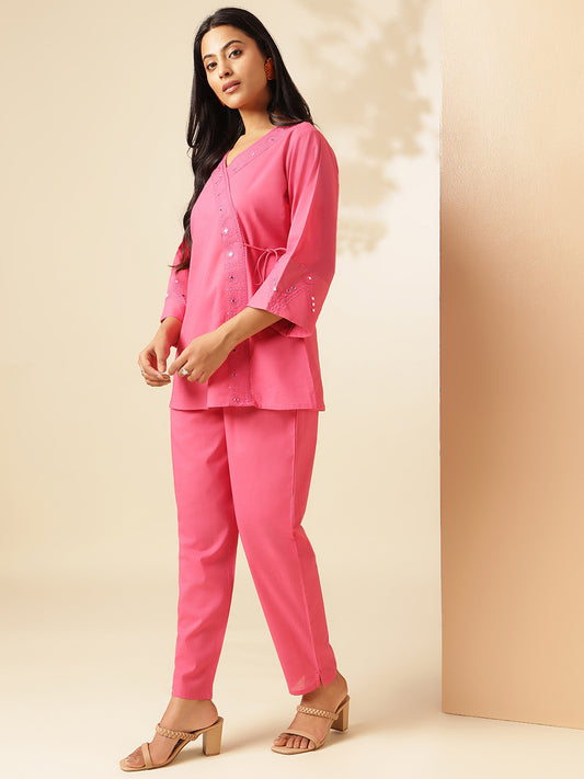 Pink Cotton Solid Angrakha Co-Ord Set
