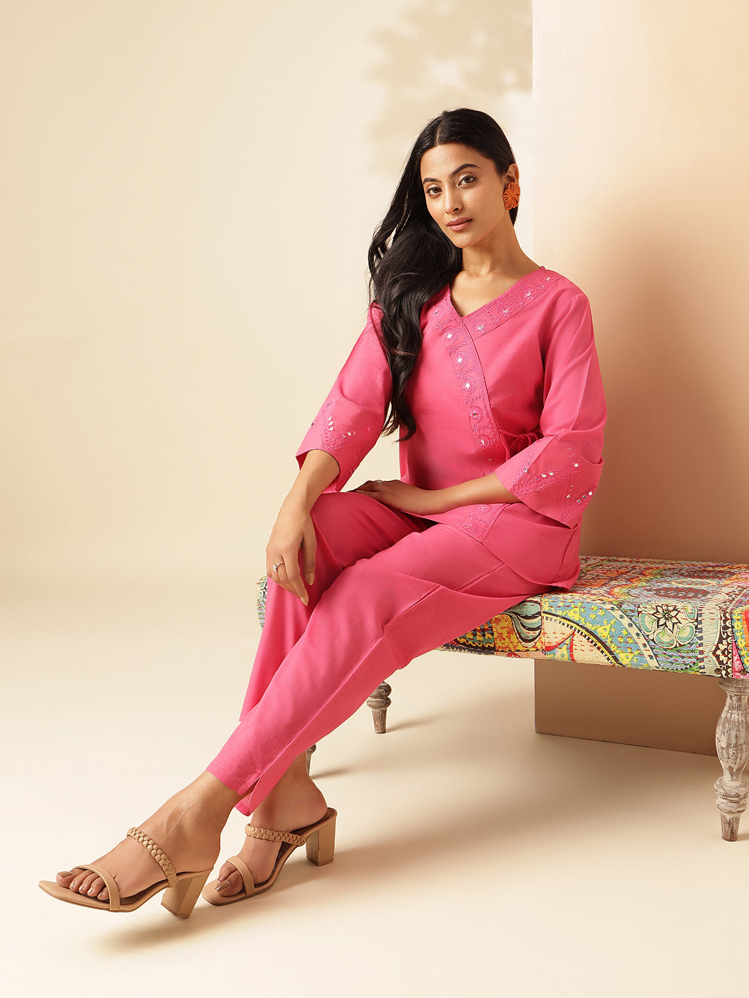 Pink Cotton Solid Angrakha Co-Ord Set