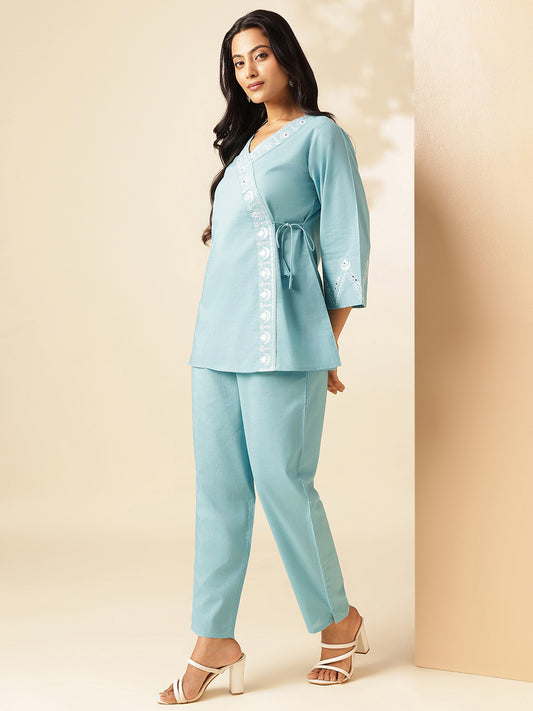 Sky Blue Cotton Solid Angrakha Co-Ord Set