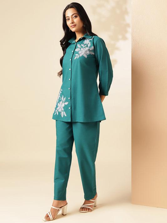 Teal Cotton Solid A-Line Co-Ord Set
