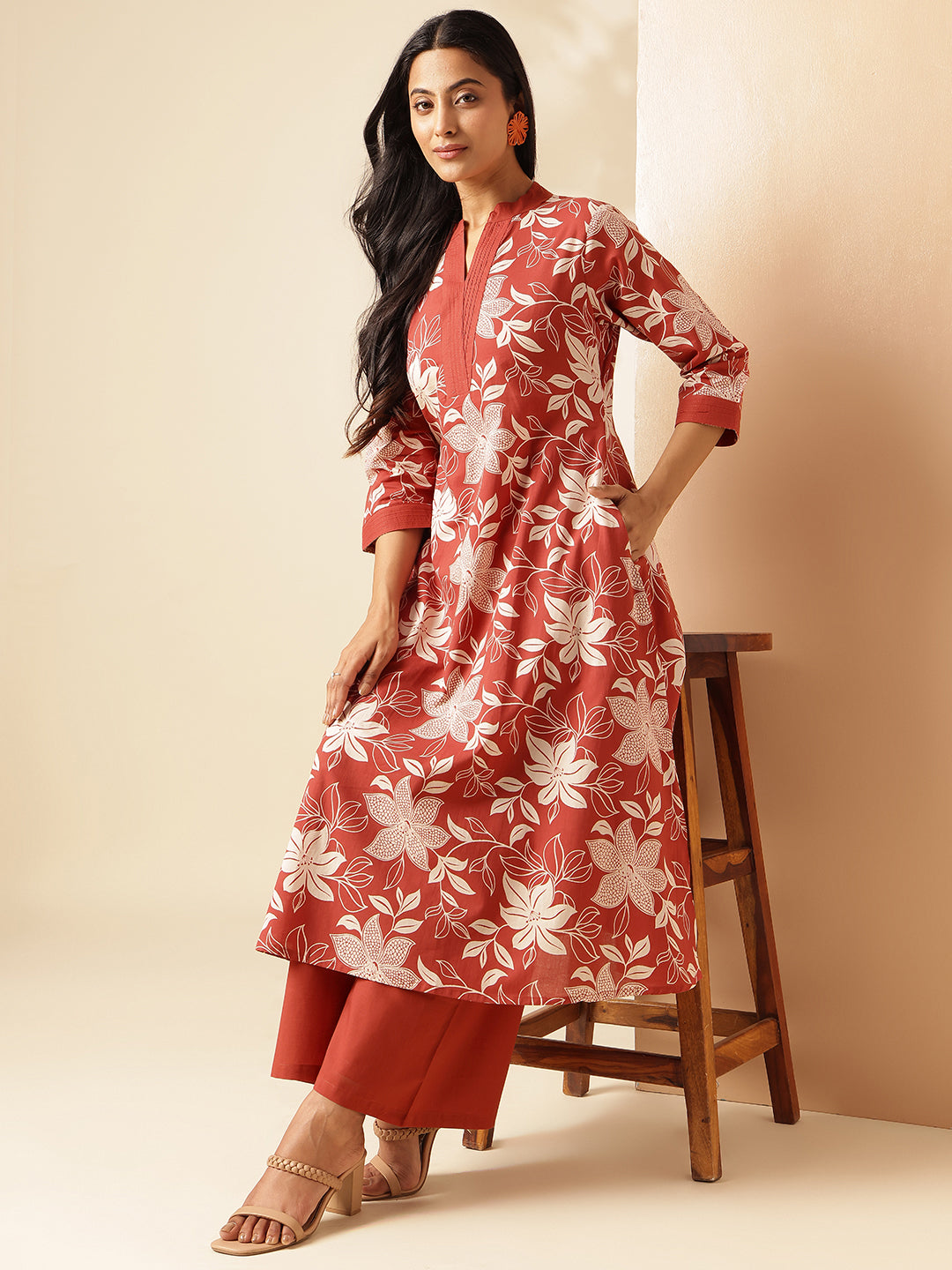 Rust Cotton Floral Print A-Line Kurta Set