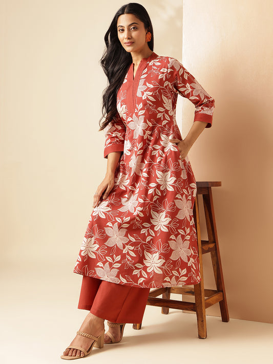 Rust Cotton Floral Print A-Line Kurta Set