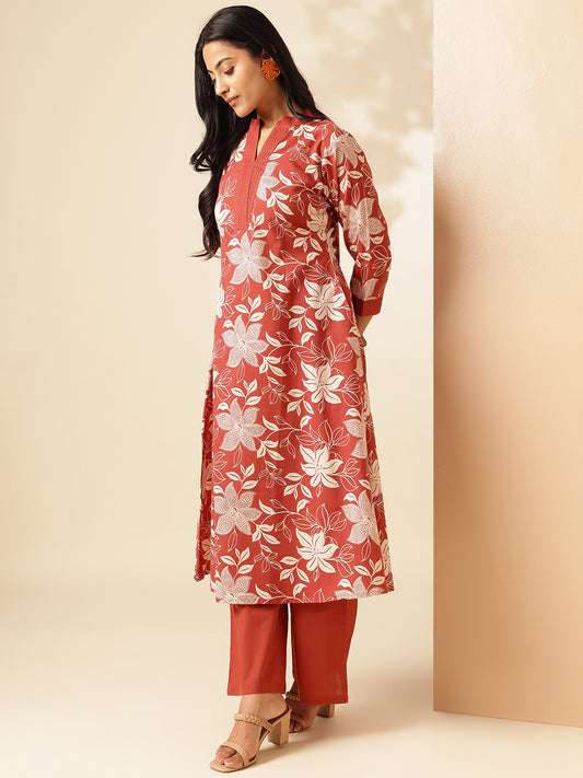 Rust Cotton Floral Print A-Line Kurta Set