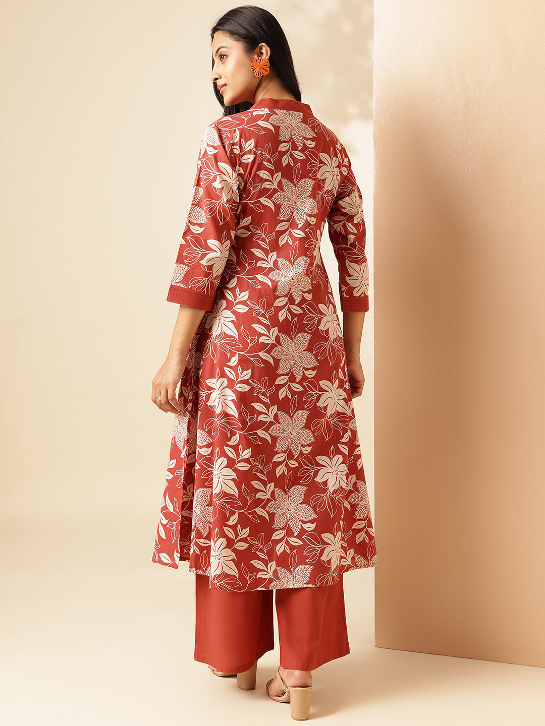 Rust Cotton Floral Print A-Line Kurta Set