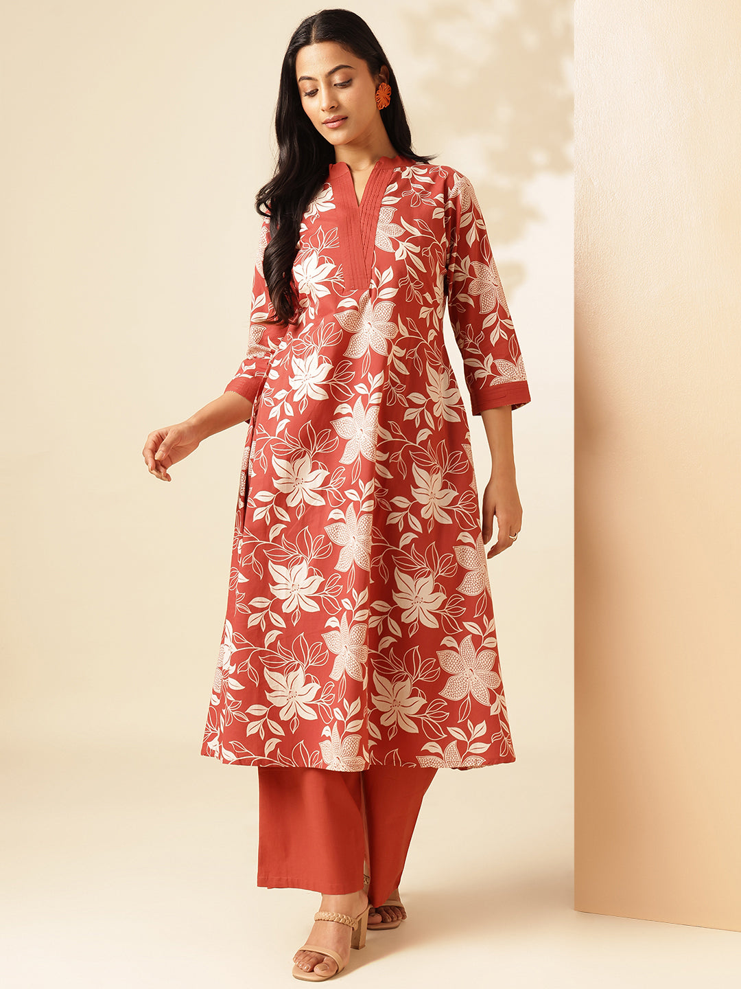 Rust Cotton Floral Print A-Line Kurta Set