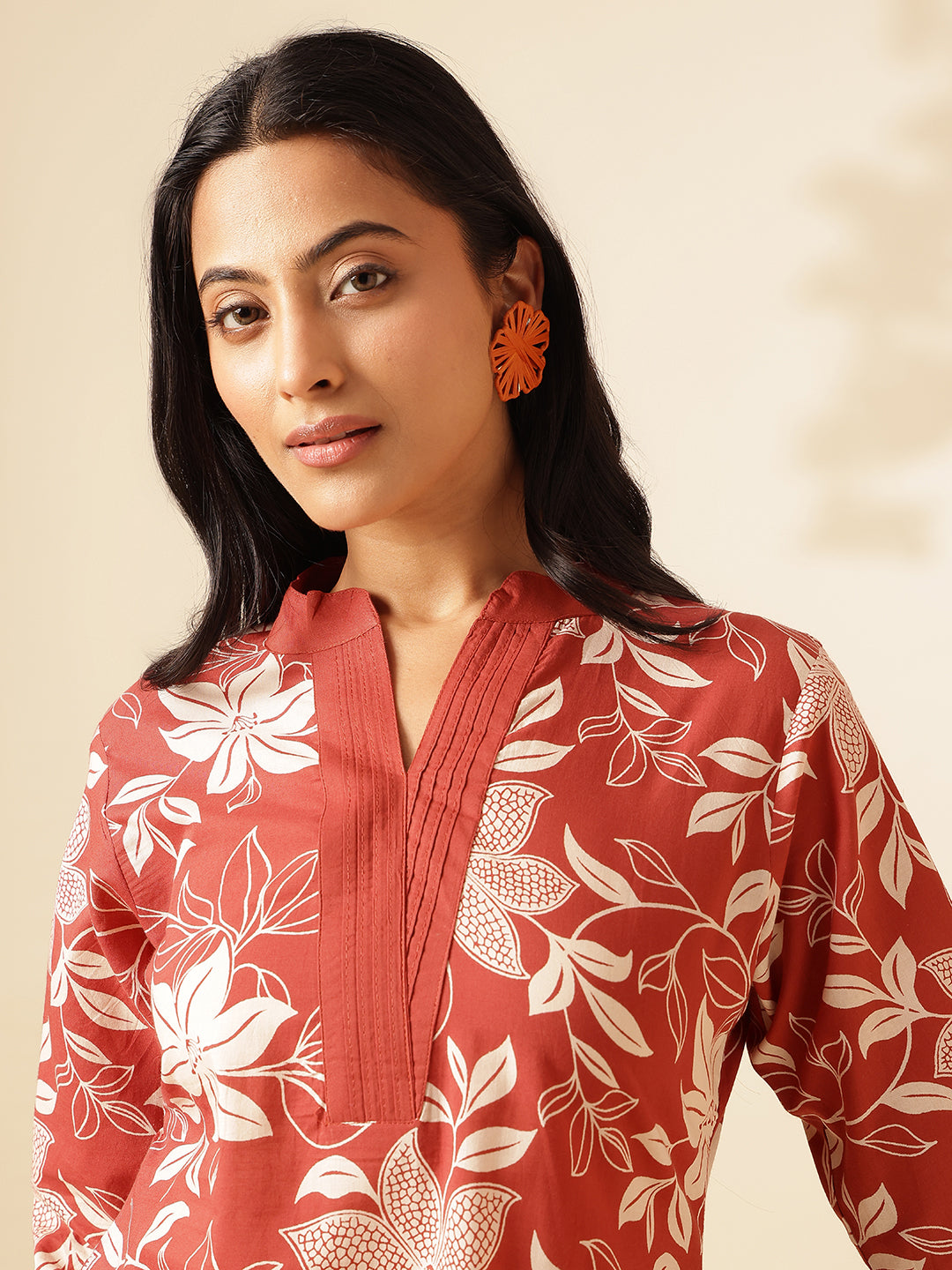 Rust Cotton Floral Print A-Line Kurta Set