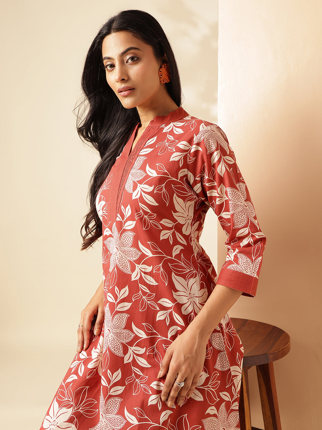 Rust Cotton Floral Print A-Line Kurta Set