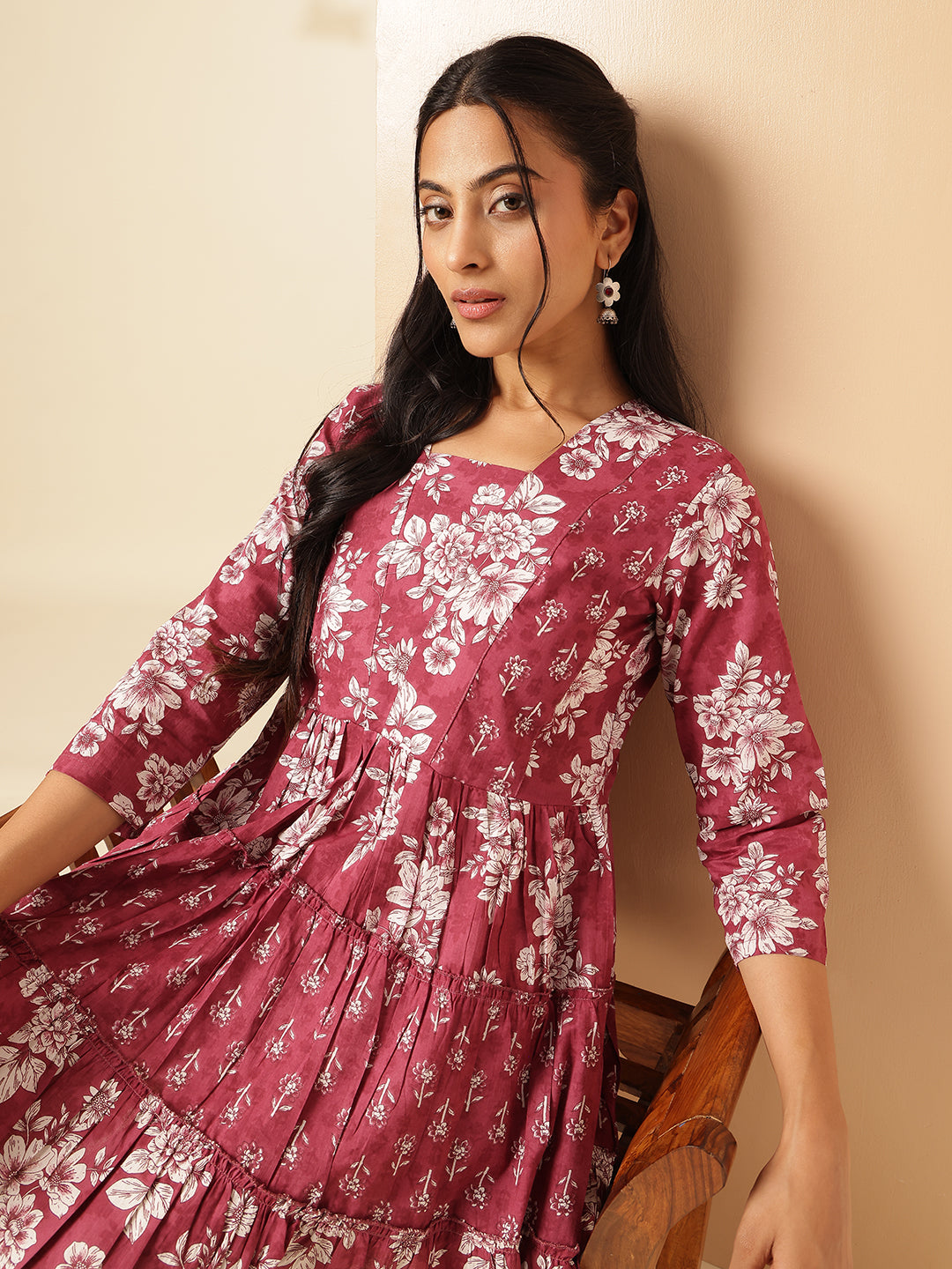 Light Magenta Floral Print Anarkali Cotton Tunic Top
