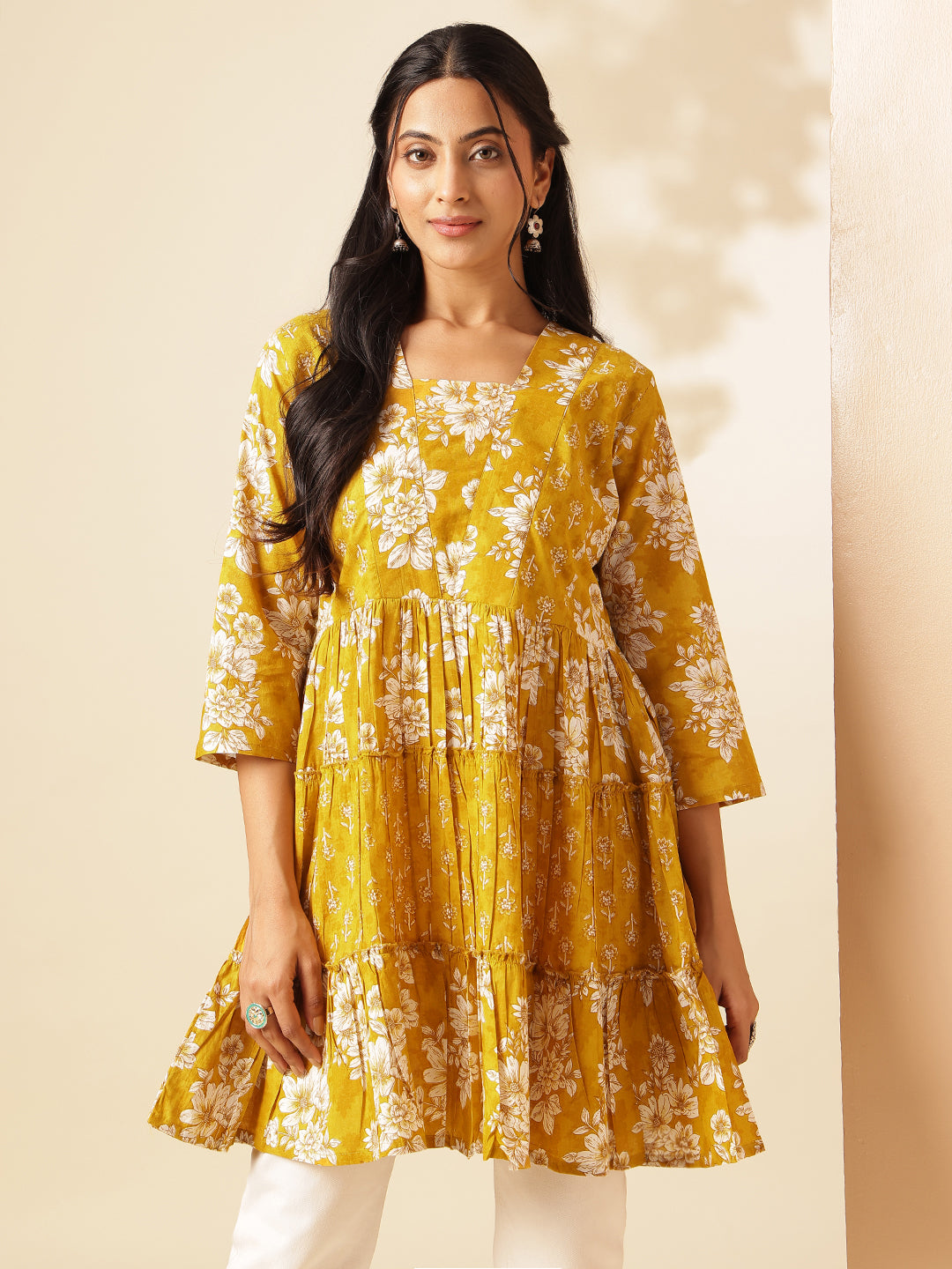 Yellow Floral Print Anarkali Cotton Tunic Top