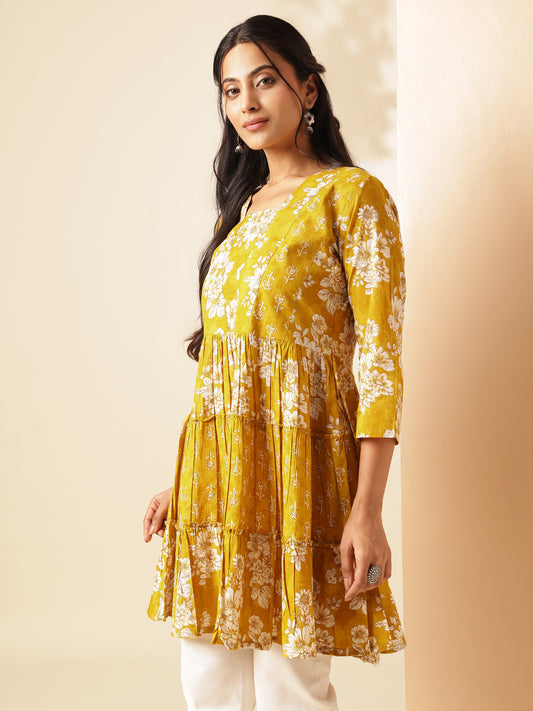 Yellow Floral Print Anarkali Cotton Tunic Top