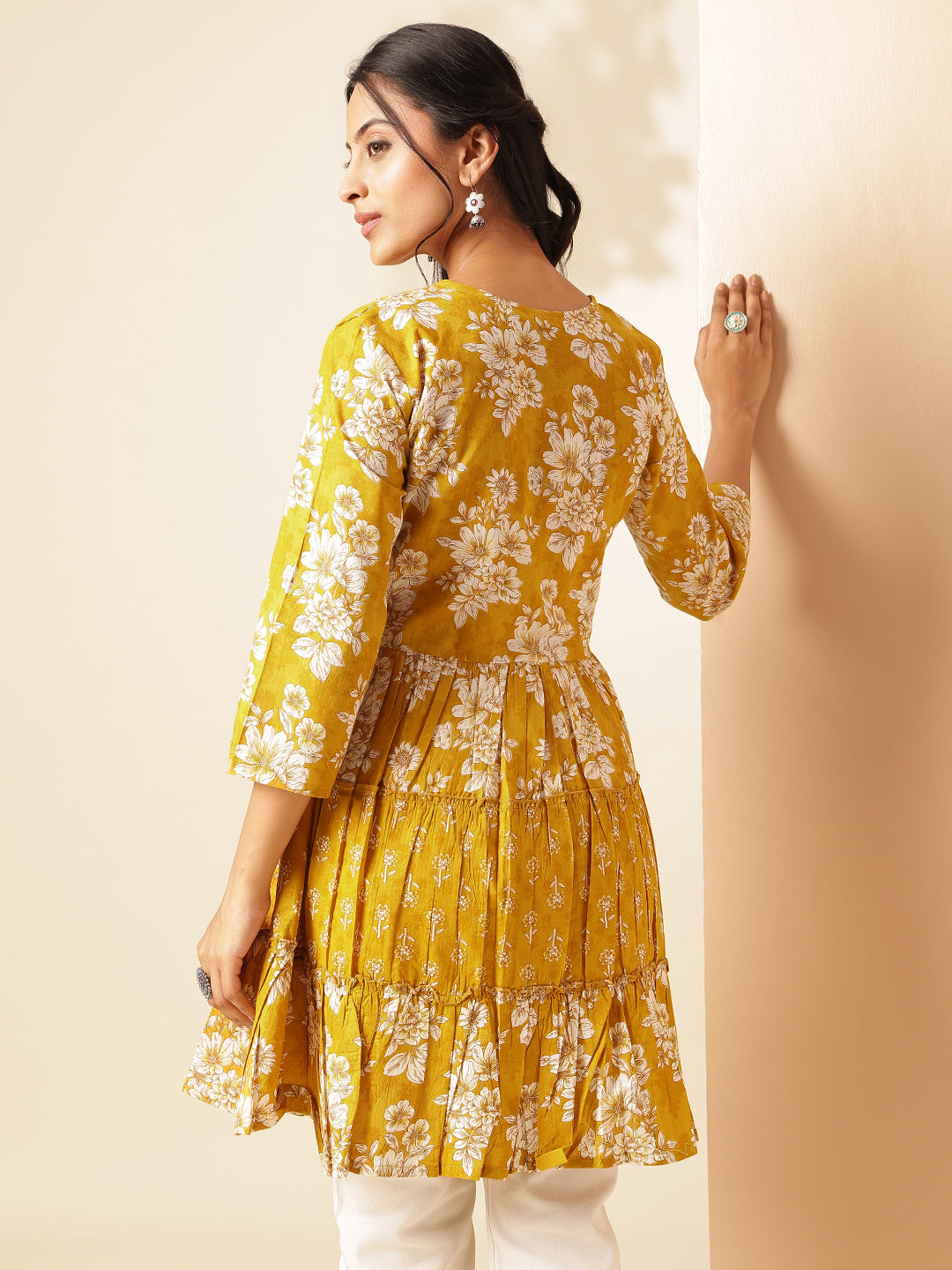 Yellow Floral Print Anarkali Cotton Tunic Top